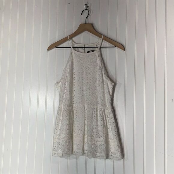 Doe & Rae White Eyelet Lace Peplum Tank Top M Cotton Boho Cottagecore Summer - Picture 1 of 10